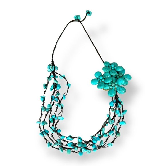 Turquoise Chip Dyed Howlite Blossom Flower Necklace Leather Cord 22” - Picture 11 of 11